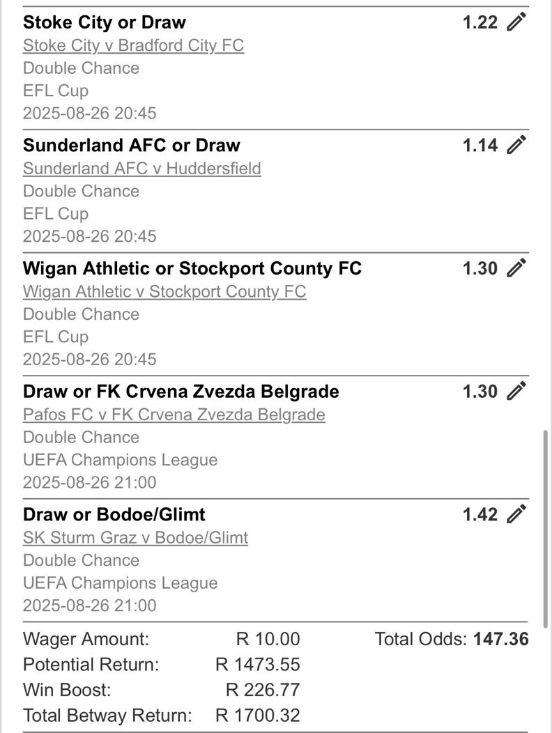 BetwayCode43687's tweet image. BWD1E7788
Double chances and straight wins 💯 
Use old Betway app 🙏
#betwaslips 
#BetwayCodes