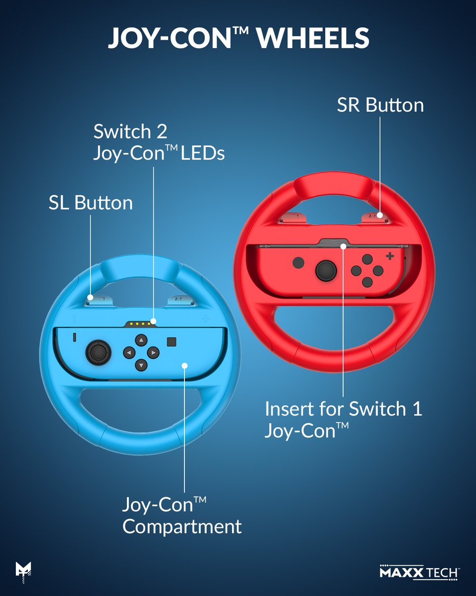 Race away today with the Maxx Tech Joy Con Wheels and Grips kit! Compatible with both Switch and Switch 2! Comes with two cool racing wheels, matching grips and inserts, perfect for racing games like Mario Kart! Available now from all of our retailers! #MaxxTech #Joyconwheels