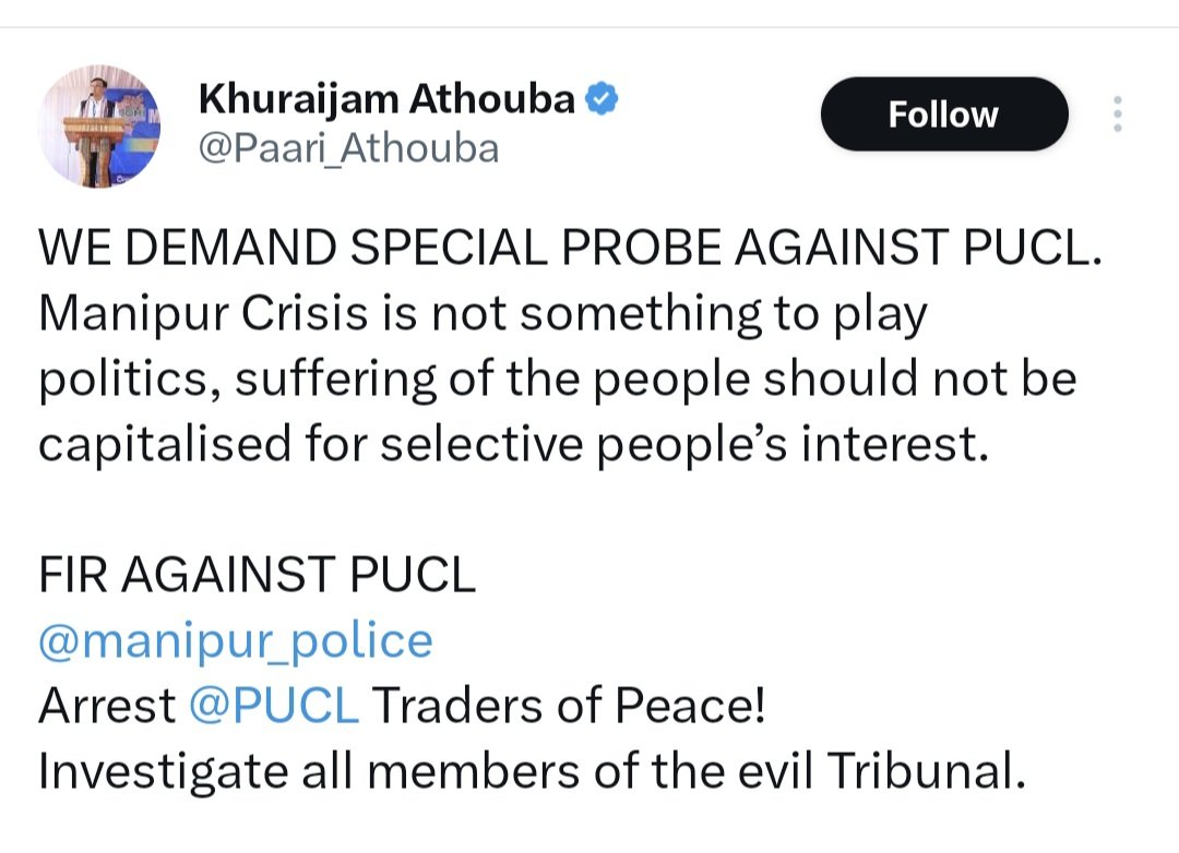 haokip2_ms's tweet photo. Manipur: Following PUCL's explosive investigation, Meitei communal activists are gripped by fear, resorting only to lies and FIRs. Meanwhile, the so-called 'Royal' Maharaja shamelessly boasts about filing 3,000 FIRs against a group that champions human rights.
@UNHumanRights https://t.co/OWTmiPIA15