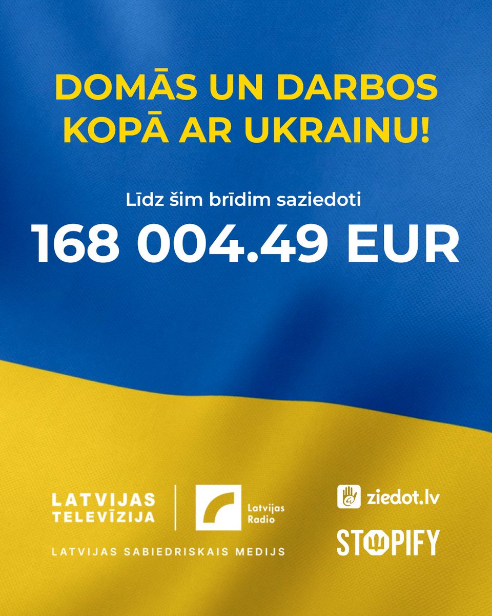 Šobrīd ikvienam no mums ir iespēja atbalstīt Ukrainas aizstāvjus, ziedojot Latvijas Sabiedriskā medija un <a href="/ziedot_lv/">ziedot.lv</a>  rīkotajā akcijā “Domās un darbos kopā ar Ukrainu!”. Kopš akcijas sākuma ir saziedoti jau 168 004 eiro. 

#DomāsDarbosUkrainai

🇱🇻🇺🇦 ziedot.lv/Ukrainai