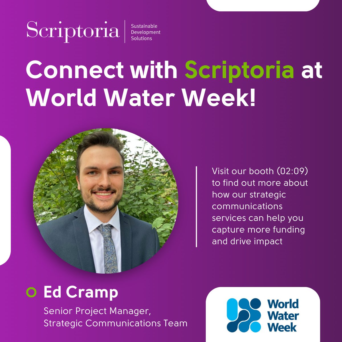 ScriptoriaT's tweet image. 💧 Attending World Water Week? Stop by our booth (02:09) to find out how our strategic communications services can help you capture more funding and drive impact!
#WWWeek #StrategicCommunications
