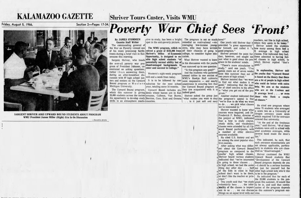 EdHistorians's tweet photo. Another "Today in the history of education" - August 26, 1965, Upward Bound was created. It was influenced in its passage by the  Economic Opportunity Act of 1964, aka the War on Poverty. Stan Salett, a Civil Rights activist and Sargent Shriver, were heavily involved in the work. https://t.co/2ThEotuXOp
