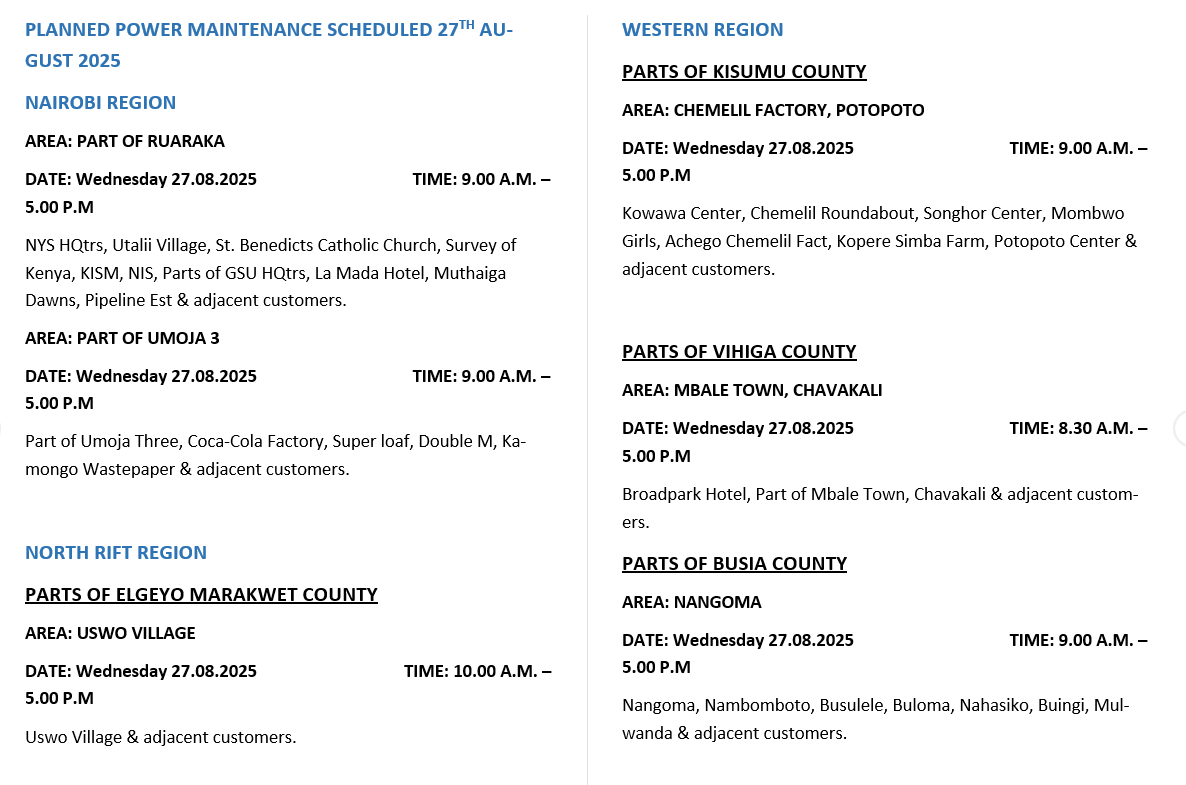 Good Evening. Please note that the areas listed below will be under planned power maintenance on Wednesday, 27th August 2025. ^GA