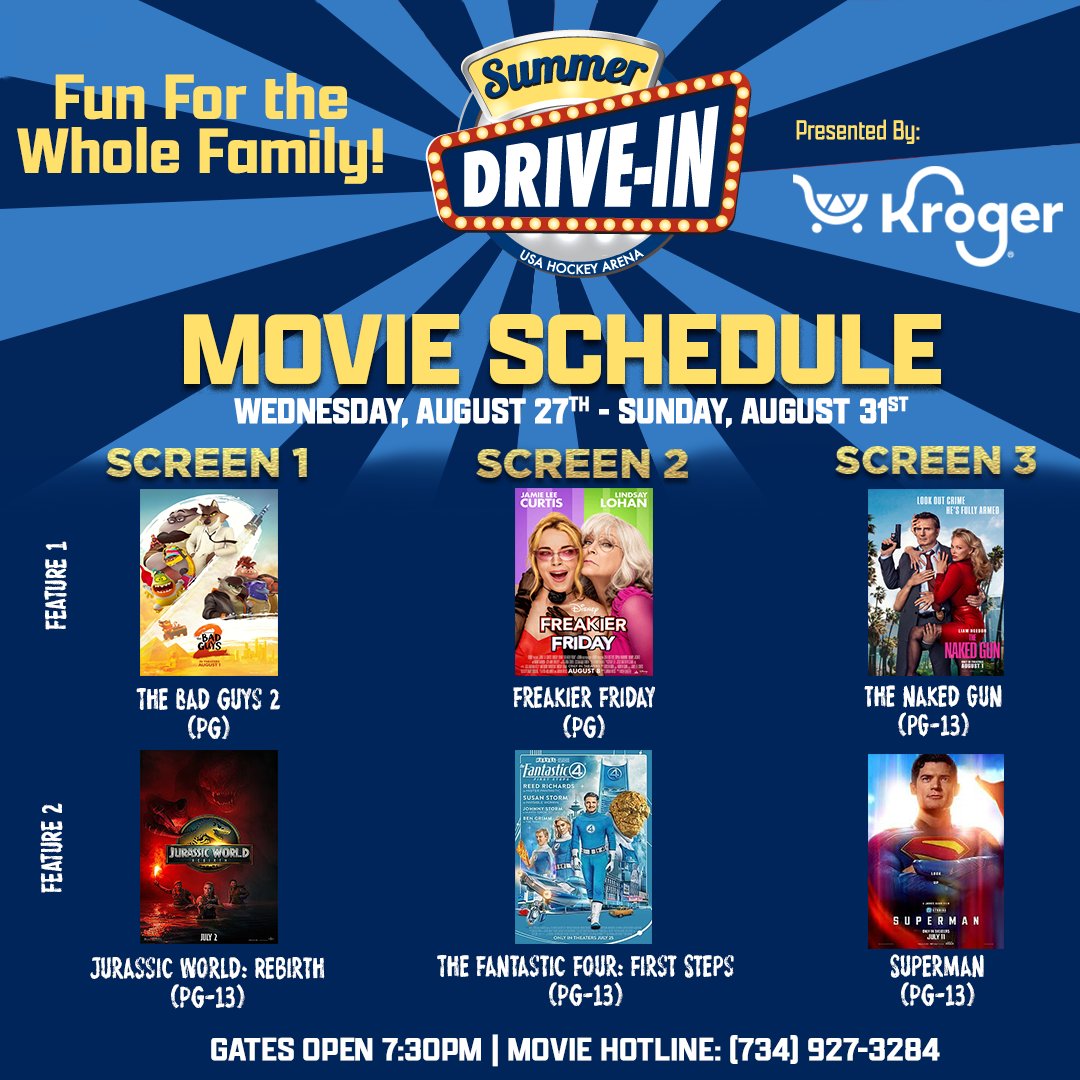 Summer_DriveIn's tweet image. ☀️🎬 The LAST week of the Summer Drive-In season is here, and wow, time really does fly when you’re having fun!
📅 Showing Wednesday–Sunday
🕢 Gates open at 7:30 PM | 🎥 Movies begin at dusk
🎟 Grab your tickets now at summerdrivein.com

Proudly presented by @kroger 🌟