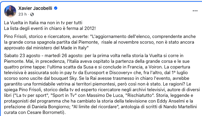 Un grazie a Xavier Jacobelli per avere raccolto la segnalazione di <a href="/PinoFrisoli/">Pino Frisoli</a> che ha rimarcato l'attuale stallo dell'aggiornamento della lista degli eventi sportivi da trasmettere in chiaro, argomento trattato soltanto da #UltraSlowMo

simonesalvador.it/eventi-sportiv…

Stay tuned!