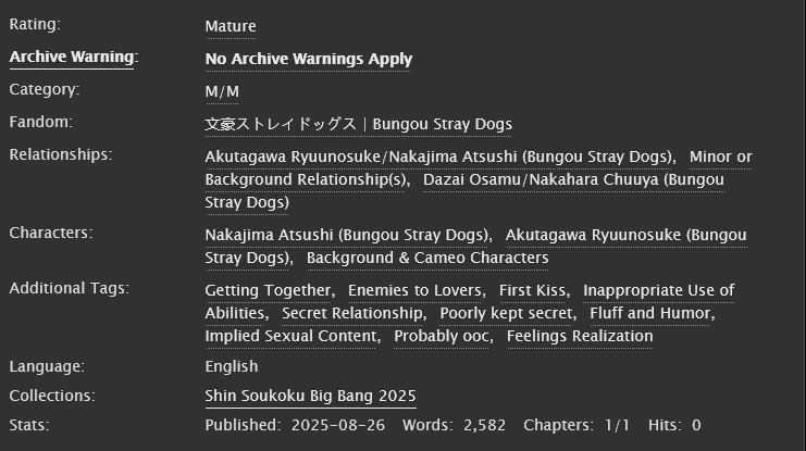 Time to share my fic for <a href="/sskkbigbang/">☆ SSKKBB ☆ @ Posting</a> !!! I had an abolute blast with this and am very proud to call it my first (published) BSD fic (linked in replies)

I had the absolute pleasure of working with <a href="/jae494f0/">Jae | mostly on B and rhymes with luesky</a> so be sure to check out her amazing art! (also linked in replies)