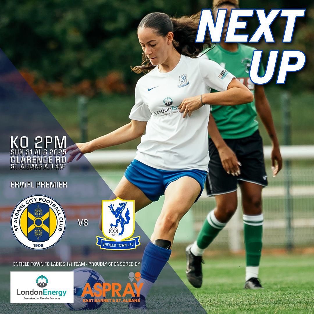 🔵⚪ Next Up: First Team vs St Albans City (A)

We’re on the road this Sunday as we face St Albans City! 

📅 Sunday, 31st August 
🆚 St Albans City FC 
📍 Clarence Road, AL1 4NF
⏰ 2pm, kick off 

Another big test — another chance to keep building. Let’s go, 💙
