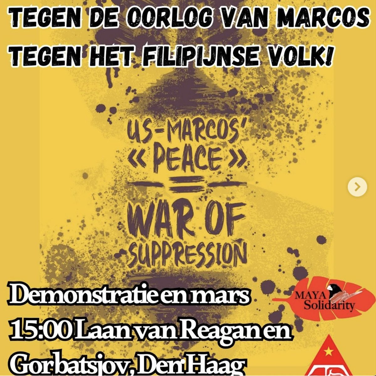 Communisten demonstreren vandaag “tegen de oorlog van de VS en Marcos tegen het Filipijnse volk”.
In Den Haag wisten ze minder dan een elftal op de been te brengen.
Sinds 1969 voert de New People’s Army (NPA), de gewapende vleugel van de Communist Party of the Philippines (CPP),