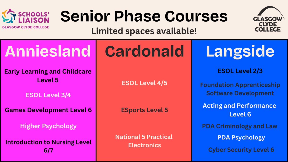 School_Liaison's tweet image. 🚨 We’ve still got places available on some of our courses! 🚨
Apply now via 👉 glasgowclyde.ac.uk or email schoolsliaison@glasgowclyde.ac.uk 📩