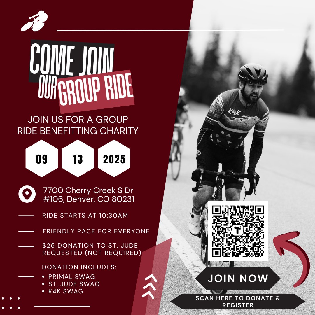 Are you a cyclist in the Colorado area?

Join K4K and <a href="/PrimalWear/">Primal Wear</a> for a group ride on Saturday, Sept 13th at 10:30am!

Ride is free but donate $25 to <a href="/StJude/">St. Jude</a> and we'll have some awesome swag bags!

Scan below or click to donate: donate.tiltify.com/70e53525-fb76-…