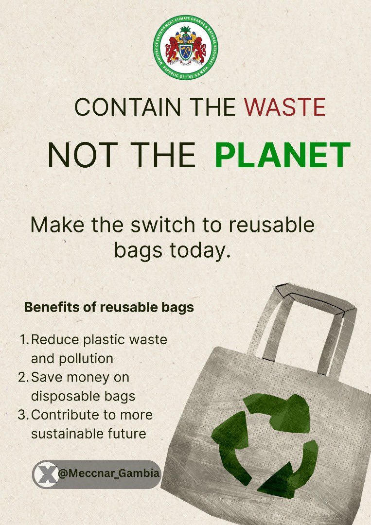 Meccnar_Gambia's tweet image. Small changes make a big difference! By switching from single-use #plasticbags to reusable ones, we’re taking a step toward a cleaner environment and a more #sustainable future.
#ClimateAction