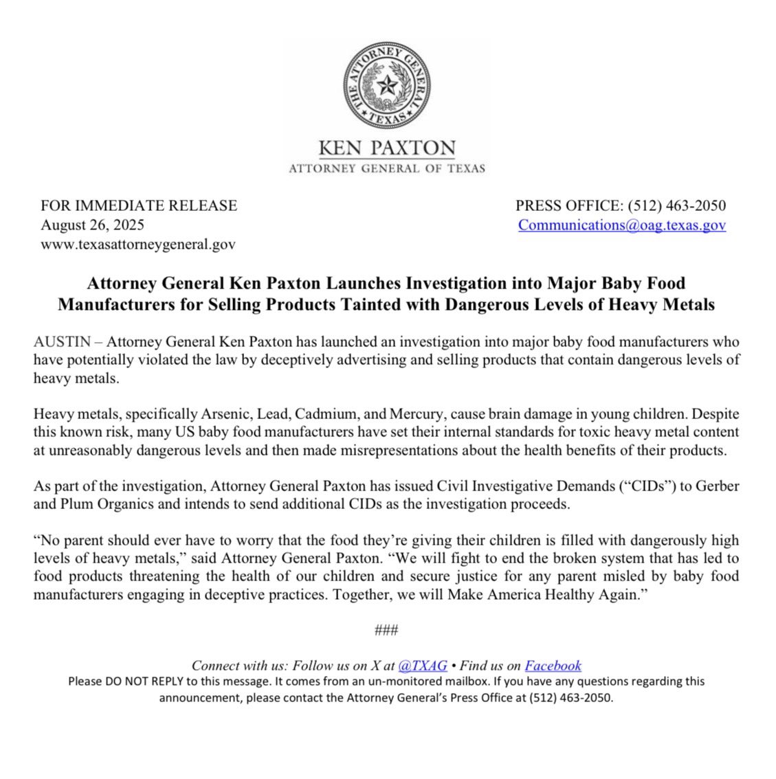 🚨NEW: I'm launching an investigation into Gerber, Plum Organics, and other baby food manufacturers for selling products tainted with dangerous levels of heavy metals.

We will fight to end the broken system that has led to food products threatening the health of our children.