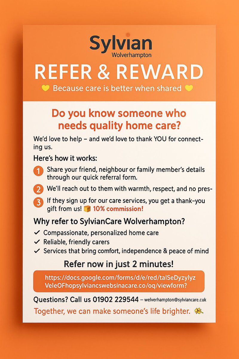 sylviancare_w's tweet photo. @elonmuskADO Do you know a family, neighbor, or friend who needs home care support? 👉 Refer them to us and when they sign up for care services, you get 10% commission!  
📞 Call us on 01902229544 or DM us. Click on the link below to refer someone. https://t.co/OiO52lwcJt
#Newcastle #referral https://t.co/yQ8BEuLN5t