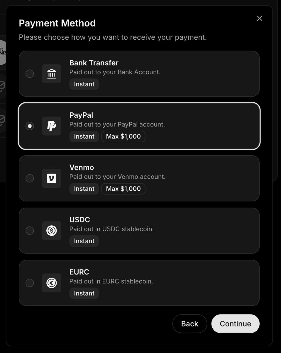 Today we are releasing PayPal and Venmo payouts at Talentir.

Fun fact: Every single transaction, even with PayPal &amp; Venmo, is settled internally using USDC &amp; EURC on <a href="/base/">Base</a>. This move massively simplifies accounting for us and the agencies we partner with.