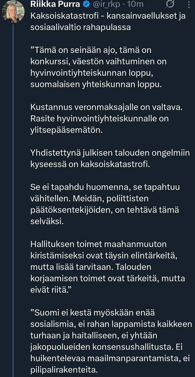 Kakka Toveri (@kakkatoveri) on Twitter photo Onko tämä Purran palopuhe nyt sitä kuuluisaa populismia? Hallituksen toimet kuitenkin ovat täysin päinvastaisia ja Purra itse on siinä hallituksessa valtiovarainministeri. "Huippuosaajia" ja kaiken maailman pajeetteja lappaa Suomeen kiihtyvään tahtiin. Onko tämä Purran palopuhe nyt sitä kuuluisaa populismia? Hallituksen toimet kuitenkin ovat täysin päinvastaisia ja Purra itse on siinä hallituksessa valtiovarainministeri. "Huippuosaajia" ja kaiken maailman pajeetteja lappaa Suomeen kiihtyvään tahtiin.
