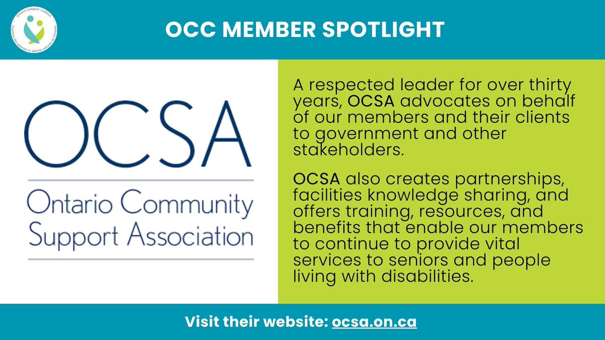 This week, we're spotlighting <a href="/OCSAtweets/">Ontario Community Support Association (OCSA)</a>. The OCSA advocates on behalf of their members to promote a strong and stable home care and community sector across Ontario. 

To learn more, visit their website: ocsa.on.ca

#HomeandCommunityCare #OCCMemberSpotlight