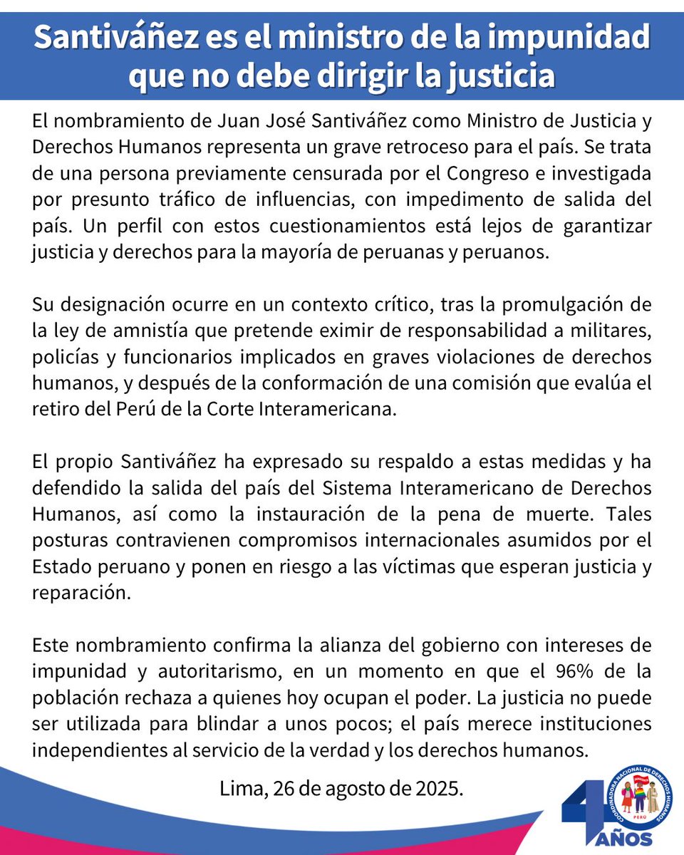 🔴#PRONUNCIAMIENTO
El nombramiento de Juan José Santiváñez como Ministro de Justicia representa un grave retroceso para el país. 
👉🏿Santiváñez está investigado por tráfico de influencias y tiene impedimento de salida del país; además, respalda la amnistía, la pena de muerte y la