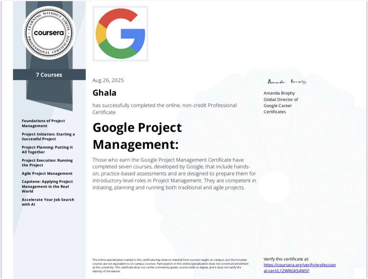 g_hala54's tweet image. سعيدة بإتمامي شهادة Google Project Management بنجاح
اكتسبت مهارات جديدة وفتحت لي أبواباً لتطوير نفسي في هذا المجال 

شكراً @Google و @Coursera على هذه التجربة القيمة 
#GoogleProjectManagement #ProfessionalCertificate