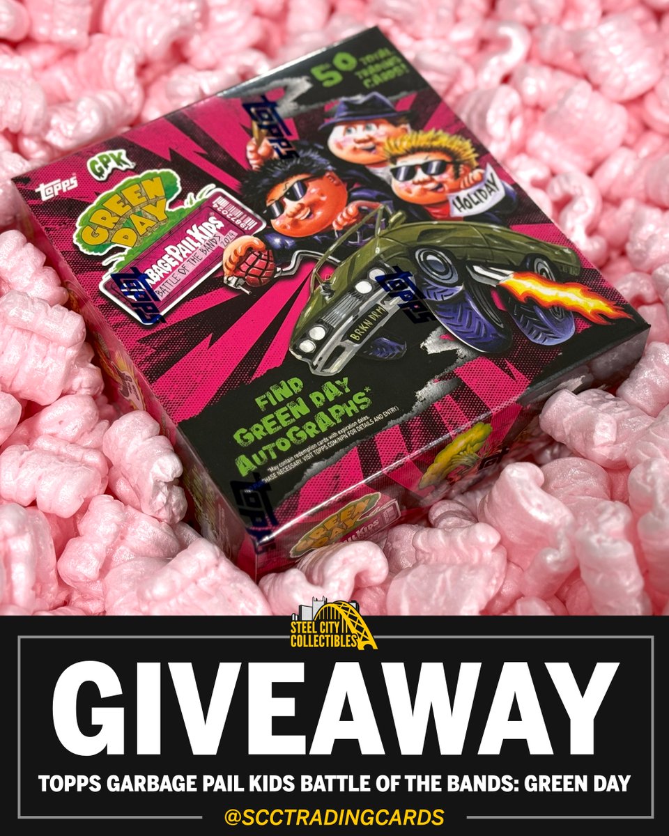 🚨 GREEN DAY GIVEAWAY 🚨

REPOST, LIKE, &amp; FOLLOW <a href="/SCCTradingCards/">Steel City Collectibles</a> for your chance to win this Topps Garbage Pail Kids Green Day Hobby Box!

Chase autos of Billie Joe Armstrong, Mike Dirnt, and Tré Cool!

BONUS: Get +1 entry for each friend you tag (they must be following you)!