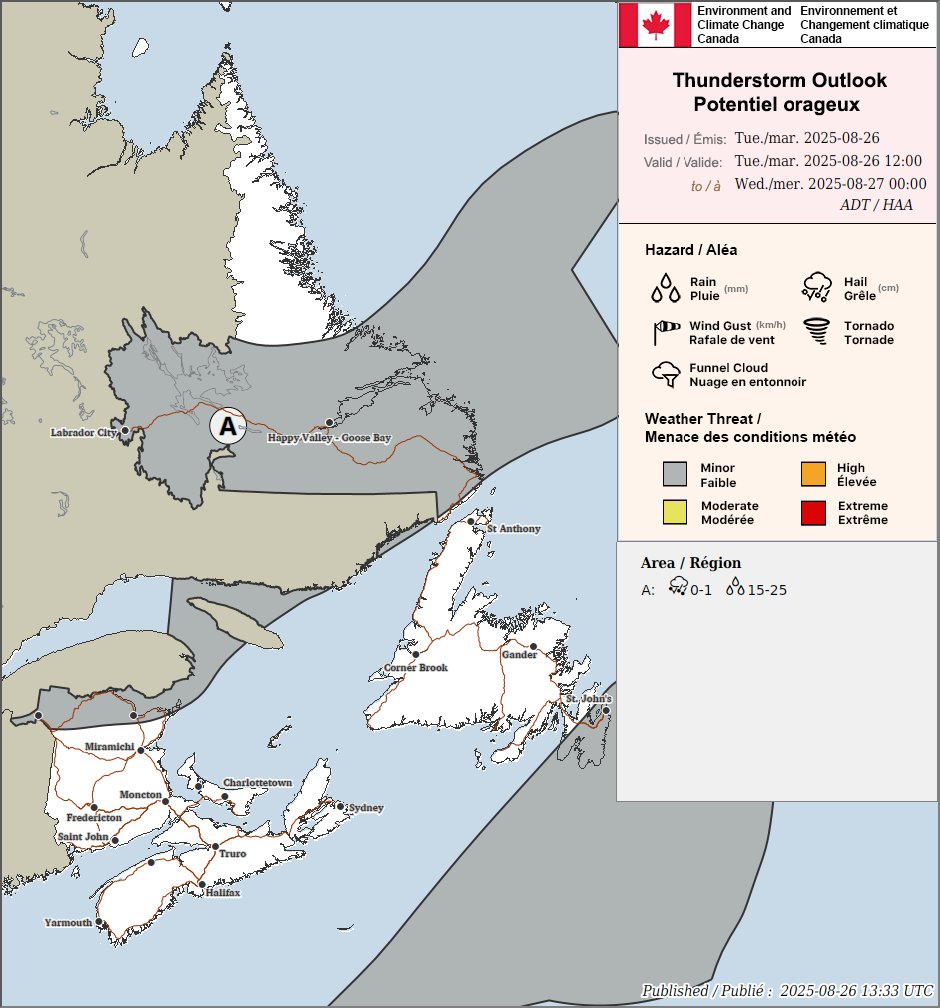 ECCCWeatherNB's tweet image. ⛈️Here is the Thunderstorm Outlook for New Brunswick valid for today. #NBStorm