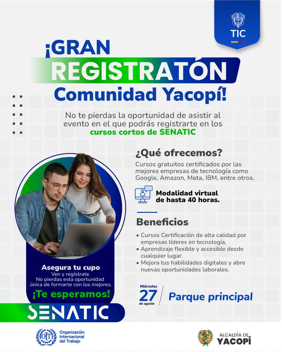 CundiDigital's tweet photo. 📢 La alcaldesa de #Yacopí,invita a toda la comunidad a unirse mañana miércoles 27 de agosto a la gran Registratón SenaTIC en el Parque Principal. 
Una oportunidad para aprender, crecer y construir juntos un municipio más digital. 💻✨
#CundinamarcaMásDigital https://t.co/E1bI7tUgIC