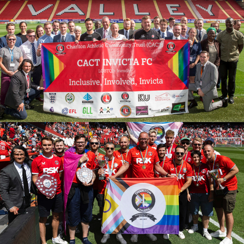 CAFCTrust's tweet photo. This weekend marked eight years since @CharltonInvicta became formally affiliated with CACT &amp; @CAFCofficial! 🤝 

Since then, our affiliated #LGBTQ+ club has continued to expand, and with the start of a new season getting closer, now is a great time to get involved! 🚨 

#cafc