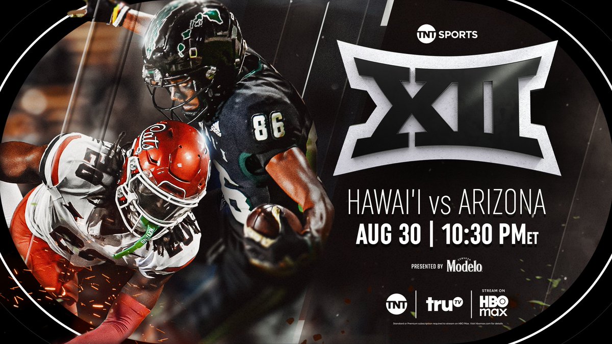 TNTSportsPR's tweet photo. TNT Sports to kick off Big 12 football coverage with Arizona Wildcats hosting Hawaii Rainbow Warriors, Saturday, Aug. 30, at 10:30 pm ET, on TNT, truTV &amp; @SportsonMax

All-access 'XII Uncovered' series to lead off with @ArizonaFBall Saturday, at 9:30 pm

https://t.co/QaYu6VZXOI https://t.co/R4ScvWvT5z