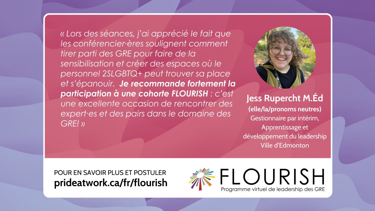 Jess Rupercht fait partie d'un groupe exceptionnel d'anciens participants à FLOURISH
Les inscriptions pour FLOURISH 2025 sont ouvertes jusqu’au 23 septembre. Visitez le lien pour plus de détails sur les sessions, les panélistes, les frais, et plus encore : prideatwork.ca/fr/programmes/…