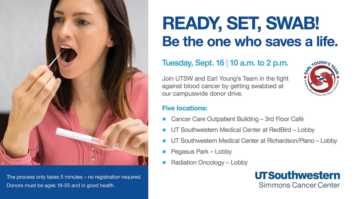 utswcancer's tweet image. We’re proud to partner with @EarlYoungsTeam to raise awareness about the need for bone marrow and blood stem cell donors. Stop by one of our locations on Sept. 17 to swab your cheek and join the donor registry!
Learn more about Earl Young’s Team: bit.ly/3HHbx6f.