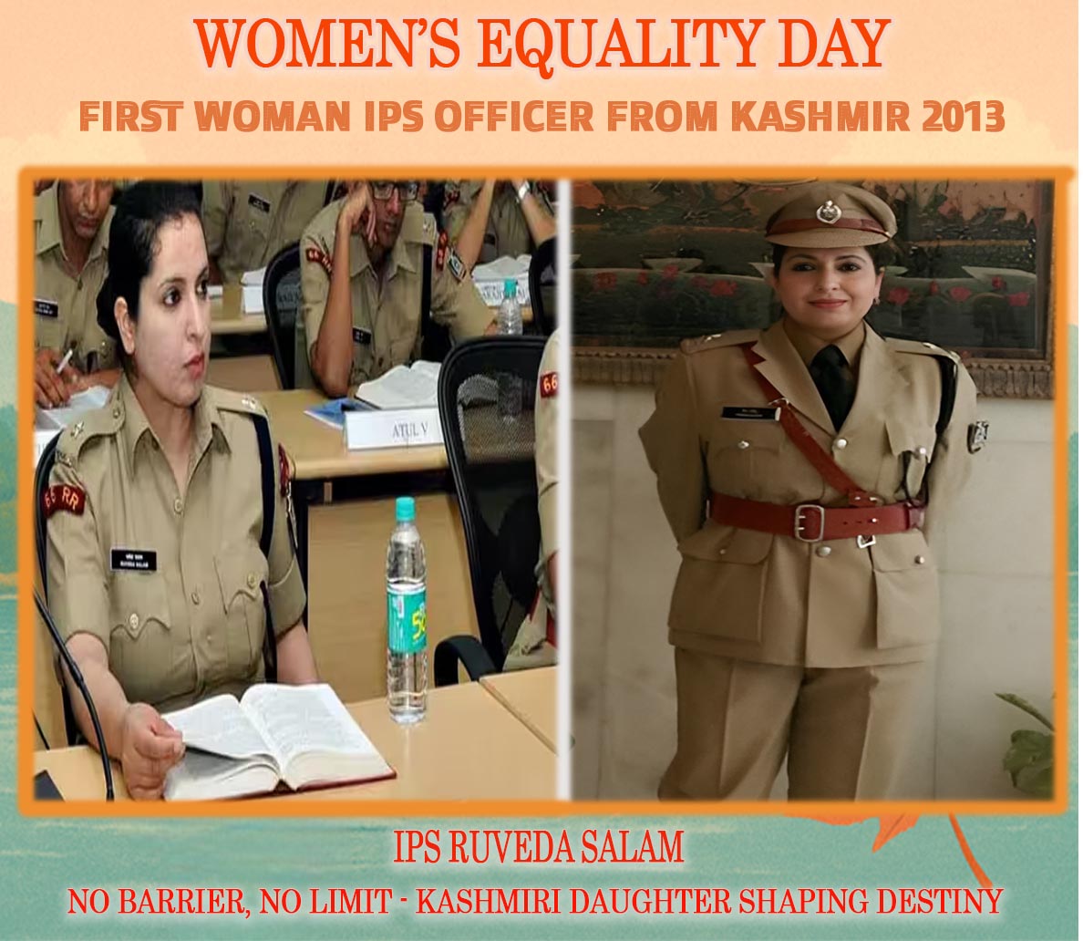 atifkhan1223's tweet photo. From the Kashmir Valley to the Nation’s frontline - IPS Ruveda Salam proves that Kashmiri daughters can shatter ceilings &amp; shape destiny. #WomensEqualityDay #WomenEmpowerment #EqualRights #KashmirForEquality #EqualityForAl https://t.co/fg3sSAfdUs