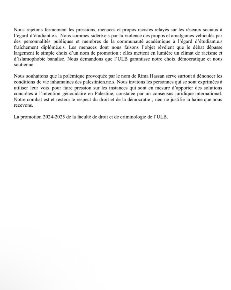 Après le communiqué des représentants, voici la lettre ouverte des étudiants de la promo 2025 de la faculté de droit et criminologie.