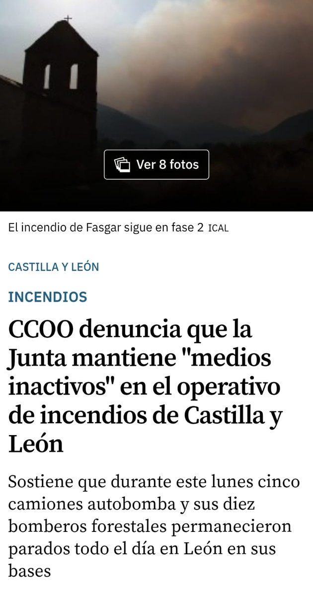 PCE León (@pceleon) on Twitter photo 🔥 Vergonzoso: mientras arde nuestra tierra, la Junta mantiene parados 🚒 5 camiones y 10 bomberos forestales en León todo un día ❌
👉 Este abandono criminal demuestra que para el PP la vida y el patrimonio del pueblo valen menos que sus recortes 💸
<a href="/CCOOLeon/">CCOO de León</a>
#Bierzo #Leonesp 🔥 Vergonzoso: mientras arde nuestra tierra, la Junta mantiene parados 🚒 5 camiones y 10 bomberos forestales en León todo un día ❌
👉 Este abandono criminal demuestra que para el PP la vida y el patrimonio del pueblo valen menos que sus recortes 💸
<a href="/CCOOLeon/">CCOO de León</a>
#Bierzo #Leonesp