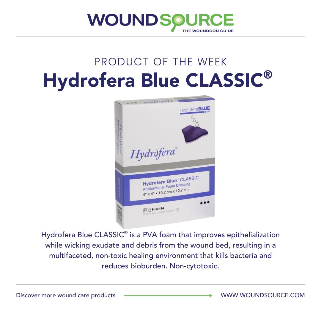 WoundSource's tweet image. hubs.ly/Q03BLYc50
Hydrofera Blue CLASSIC is a PVA foam that improves epithelialization while wicking exudate/debris from wound bed, resulting in a multifaceted, nontoxic healing environment that kills bacteria &amp;amp; reduces bioburden. 
#ProductOfTheWeek #WoundSource #Essity