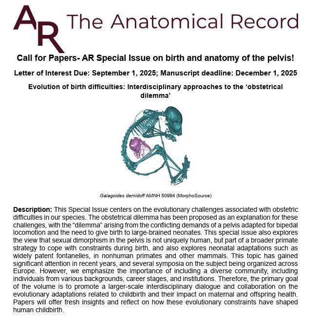 The Anatomical Record (@anatrecord) on Twitter photo 📢 Call for Papers!
Anatomical Record Special Issue: Evolution of Birth Difficulties
✨ Focus: Obstetrical dilemma, pelvic anatomy, neonatal & primate adaptations
📅 LOI: Sept 1 | 📝 Manuscript: Dec 1
Guest Editors <a href="/PaleoNicole/">Nicole Torres-Tamayo (she/her)</a> & <a href="/cedric_pp/">Cédric Cordey</a>
anatomypubs.onlinelibrary.wiley.com/pb-assets/asse… 📢 Call for Papers!
Anatomical Record Special Issue: Evolution of Birth Difficulties
✨ Focus: Obstetrical dilemma, pelvic anatomy, neonatal & primate adaptations
📅 LOI: Sept 1 | 📝 Manuscript: Dec 1
Guest Editors <a href="/PaleoNicole/">Nicole Torres-Tamayo (she/her)</a> & <a href="/cedric_pp/">Cédric Cordey</a>
anatomypubs.onlinelibrary.wiley.com/pb-assets/asse…