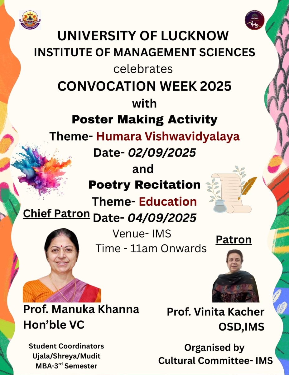 IMS Presents programs during Convocation week ⁦<a href="/KhannaManuka/">Prof.Manuka Khanna, University of Lucknow</a>⁩ ⁦<a href="/ippr_lkouniv/">IPPR, University of Lucknow</a>⁩ ⁦<a href="/dswlkouniv/">Dean Students’ Welfare, UoL</a>⁩ ⁦<a href="/DeanacademicsL/">Dean Academics, UoL</a>⁩