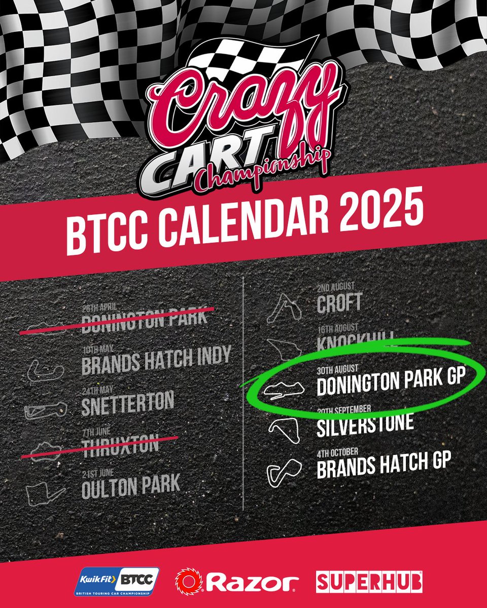 Buckle up! The next 2025 Crazy Cart Championship kicks off at Donington Park GP! 🏎💨 Which circuit has you buzzing the most? 🏁👀

#CrazyCartChampionship #BTCC #Superhub #Razor #DoningtonPark #BTCC2025 #KartingFun #RaceDayVibes