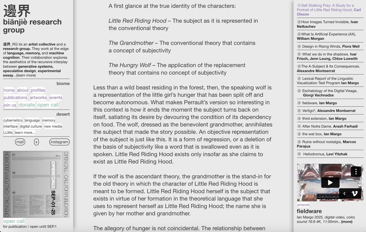 邊界_RG (@bianjie_systems) on Twitter photo How can a theory erase the subject while still requiring a subject to think it? Why do our oldest stories seem to anticipate this terror in advance?
In this essay, Carl Olsson (<a href="/Carlolssongeo/">Carl Olsson</a>) uses Perrault’s Little Red Riding Hood to stage eliminative materialism as a How can a theory erase the subject while still requiring a subject to think it? Why do our oldest stories seem to anticipate this terror in advance?
In this essay, Carl Olsson (<a href="/Carlolssongeo/">Carl Olsson</a>) uses Perrault’s Little Red Riding Hood to stage eliminative materialism as a