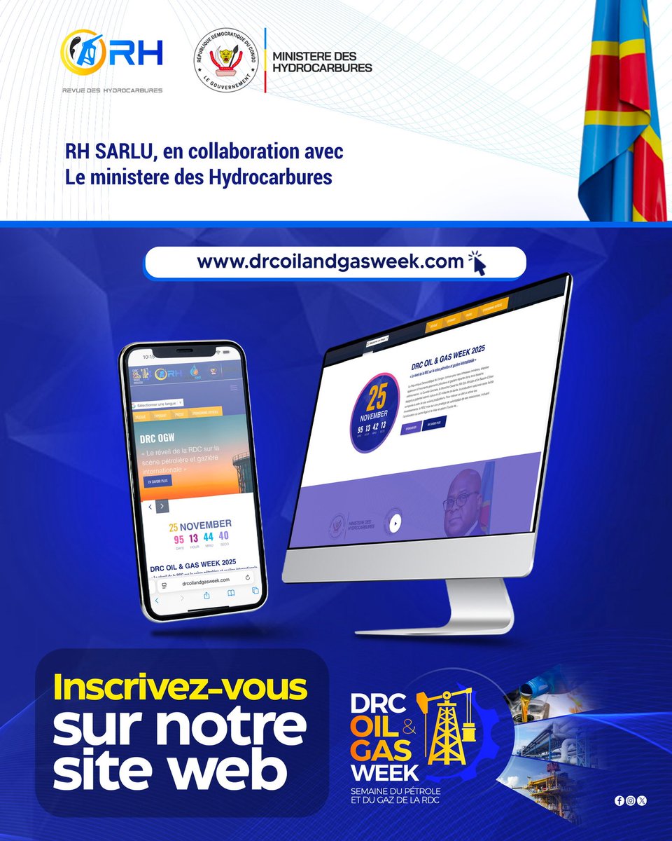 Inscrivez-vous dès maintenant pour la DRC Oil &amp; Gas Week 2025 ! 🗓️

Rejoignez-nous du 25 au 27 novembre à Kinshasa pour cet événement incontournable dédié à l'industrie pétrolière et gazière de la RDC. 

➡️ Inscrivez-vous via le lien dans la bio et sur drcoilandgasweek.com