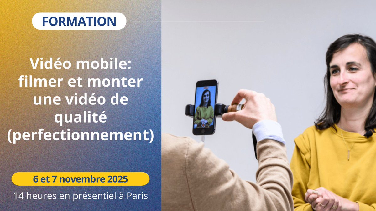 Samsafr's tweet image. 🎥 Continuez d'explorer l'univers de la #vidéomobile avec notre formation niveau "perfectionnement".

🗓️ Dates : 6 et 7 novembre
📍 Lieu: Paris

Maitrisez votre smartphone sur le bout des doigts, et enregistrez des images pour la télé et le web : ow.ly/GQV950WL9JX