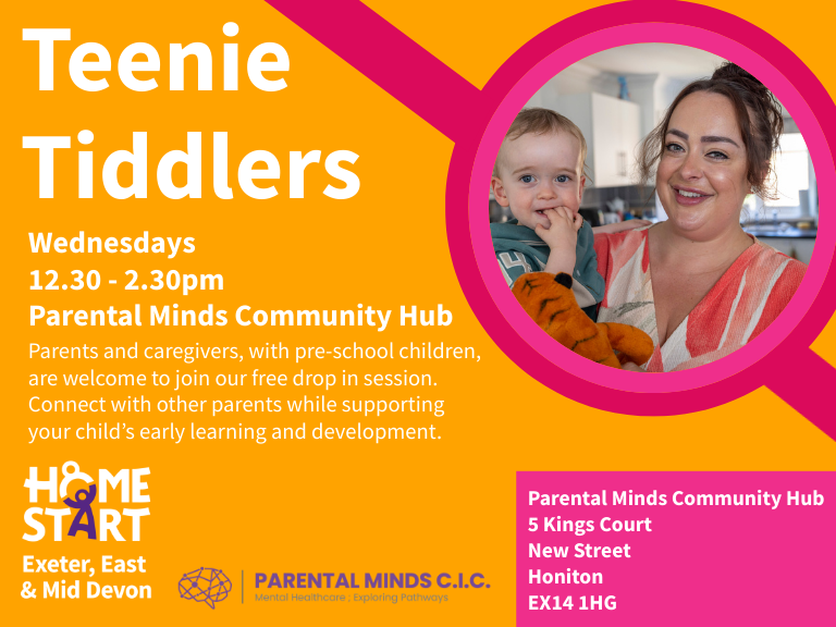 New group support in #Honiton. From Wed 27 Aug parents with their pre-school children are welcome to come along to 'Teenie Tiddlers'!  The Group will be held at Parental Minds Community Hub and follows Bumps and Babes Group which meets in the morning. Details in the flyer below.