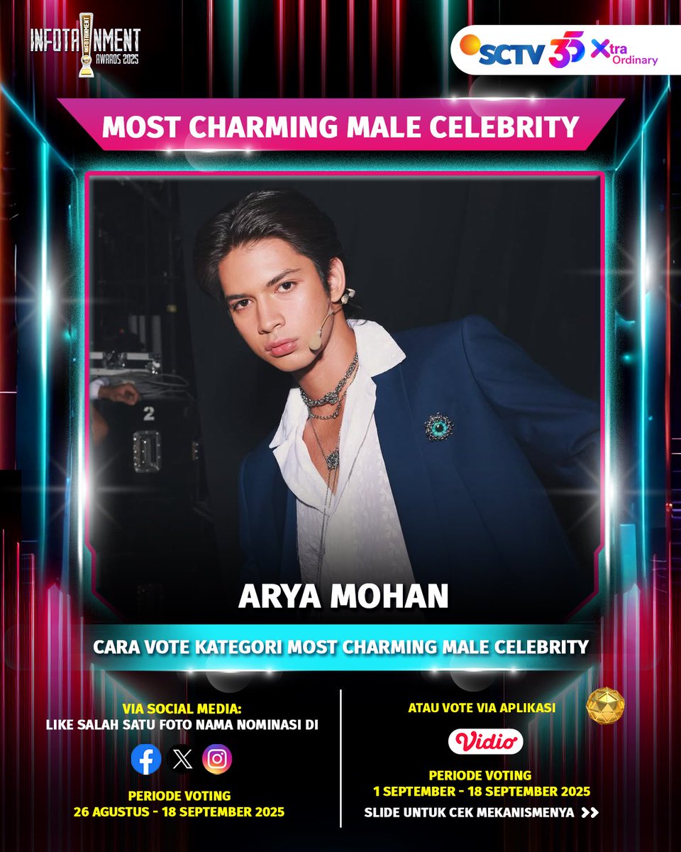 Dukung Arya Mohan untuk memenangkan Kategori Most Charming Male Celebrity di X dengan cara like foto berikut.

#IA2025 #IA7 #InfotainmentAwards2025 #SCTVSpesial