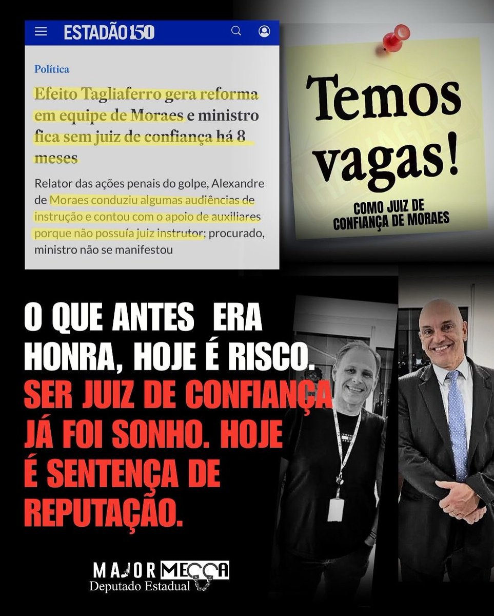 Major Mecca (@majormecca) on Twitter photo Já foi sinônimo de prestígio e honra na carreira. Hoje, é sinônimo de medo e risco. Há oito meses, Alexandre de Moraes não consegue preencher a vaga de juiz instrutor, um cargo que, até pouco tempo, era disputado por magistrados. Por quê? Porque ninguém quer carregar a marca de Já foi sinônimo de prestígio e honra na carreira. Hoje, é sinônimo de medo e risco. Há oito meses, Alexandre de Moraes não consegue preencher a vaga de juiz instrutor, um cargo que, até pouco tempo, era disputado por magistrados. Por quê? Porque ninguém quer carregar a marca de