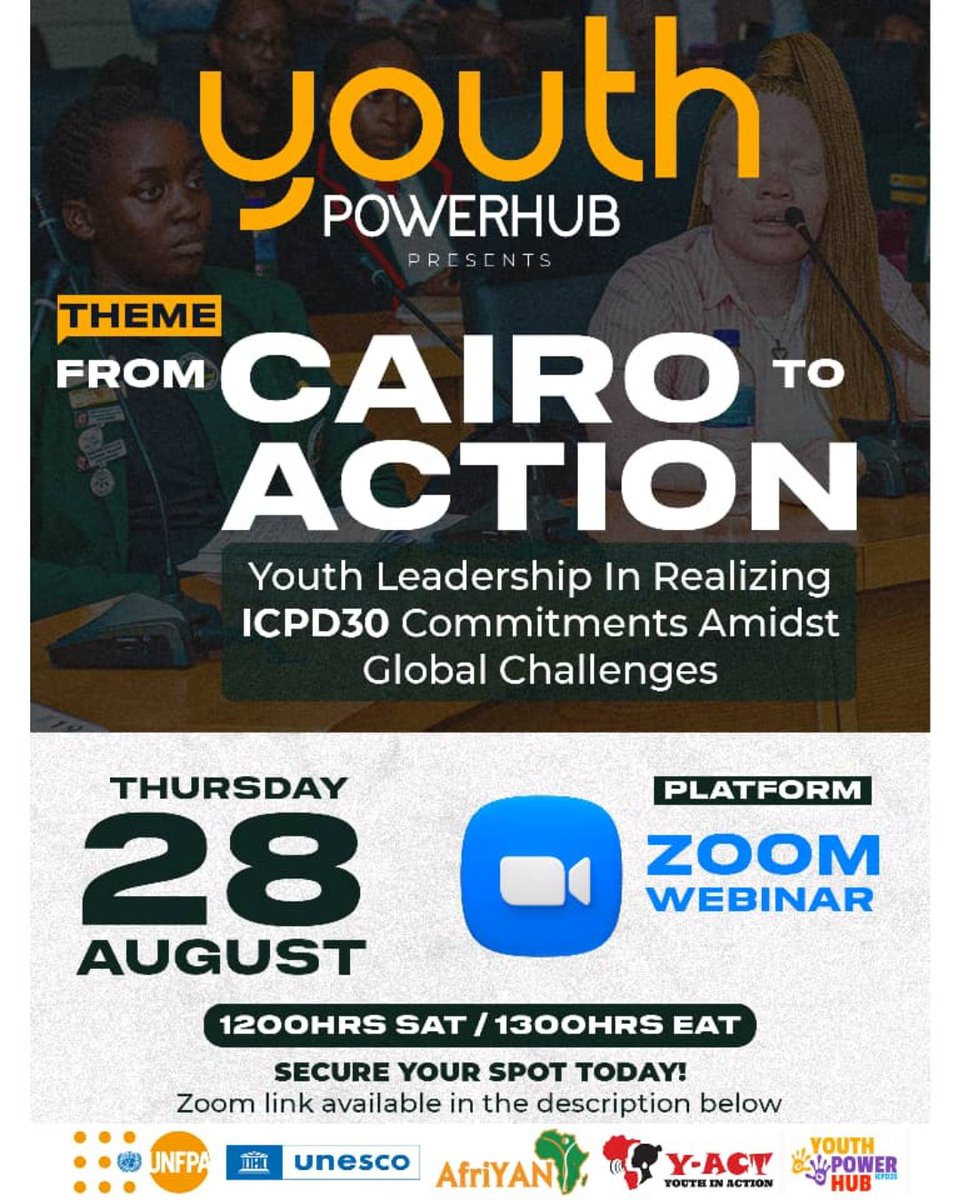 Youth Power Hub (@youthpowerhub) on Twitter photo 30 years after the landmark #ICPD Conference, youth are leading the way!
Join <a href="/YouthPowerHub/">Youth Power Hub</a>, <a href="/UNFPA_ESARO/">UNFPA East and Southern Africa</a>, <a href="/YACT_Africa/">Y-ACT, Youth in Action</a> & <a href="/AfriYANESA/">AfriYAN</a> for a dynamic webinar on youth leadership in advancing #SRHR, gender equality & sustainable development.
🔗 Register: amref.zoom.us/webinar/regist… 30 years after the landmark #ICPD Conference, youth are leading the way!
Join <a href="/YouthPowerHub/">Youth Power Hub</a>, <a href="/UNFPA_ESARO/">UNFPA East and Southern Africa</a>, <a href="/YACT_Africa/">Y-ACT, Youth in Action</a> & <a href="/AfriYANESA/">AfriYAN</a> for a dynamic webinar on youth leadership in advancing #SRHR, gender equality & sustainable development.
🔗 Register: amref.zoom.us/webinar/regist…