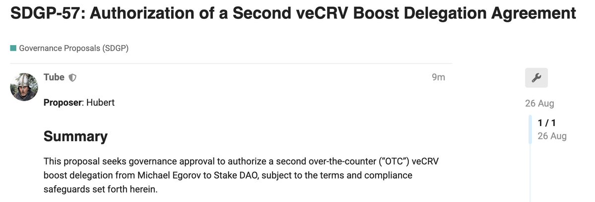 Stake DAO (@stakedaohq) on Twitter photo SDGP-57 proposes a second $veCRV boost delegation from Michael Egorov to Stake DAO.
48.5M $veCRV boost delegation until May 2029, increasing Stake DAO to over 200M veCRV boost (25% of total supply).
Enables competitive boosting across 33% of <a href="/CurveFinance/">Curve Finance</a> TVL. SDGP-57 proposes a second $veCRV boost delegation from Michael Egorov to Stake DAO.
48.5M $veCRV boost delegation until May 2029, increasing Stake DAO to over 200M veCRV boost (25% of total supply).
Enables competitive boosting across 33% of <a href="/CurveFinance/">Curve Finance</a> TVL.