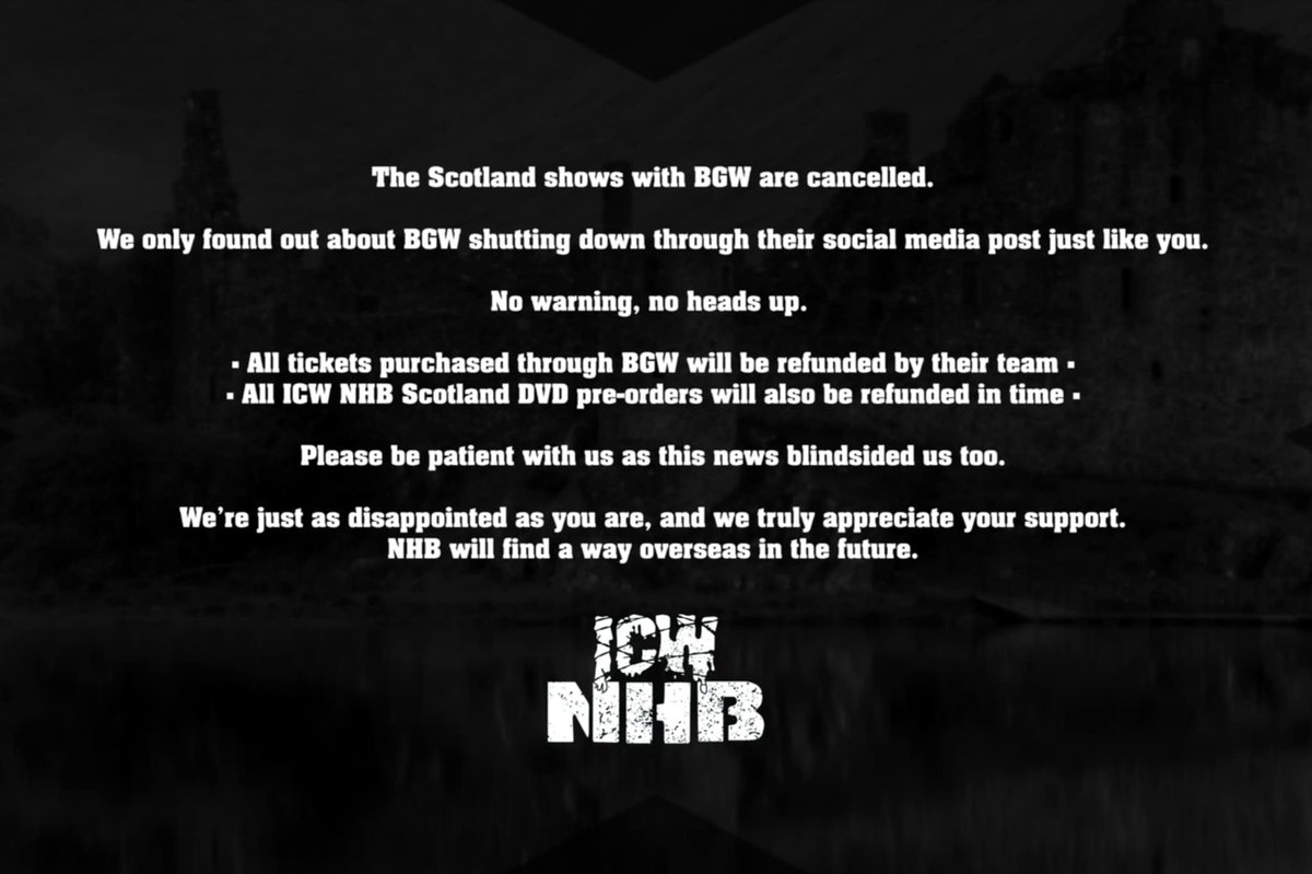🏴󠁧󠁢󠁳󠁣󠁴󠁿 💔

ticket refunds will be 
processed by <a href="/BleedingGums_/">BLEEDING GUMS WRESTLING</a> 

DVD refunds will be 
processed by us. 

We are sorry. 

and will make it up to you.