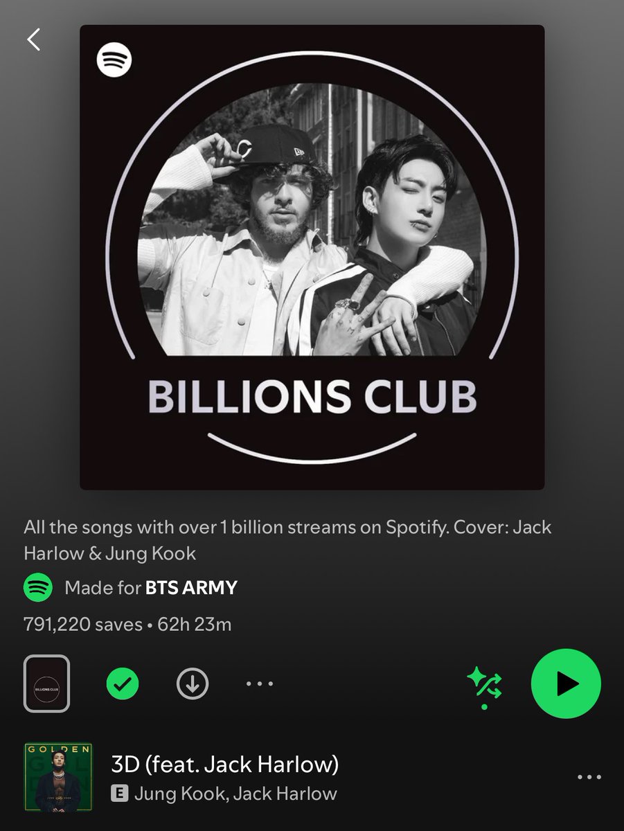 [📊 CHARTS] 

"3D" by #Jungkook (Ft. Jack Harlow) is on the cover of Spotify's special playlist "BILLIONS CLUB" &amp; "3D" has been also added to the playlist at #1... 

(open.spotify.com/playlist/37i9d…) 
CONGRATULATIONS JUNGKOOK 
#3D1Billion #BILLIONKOOK