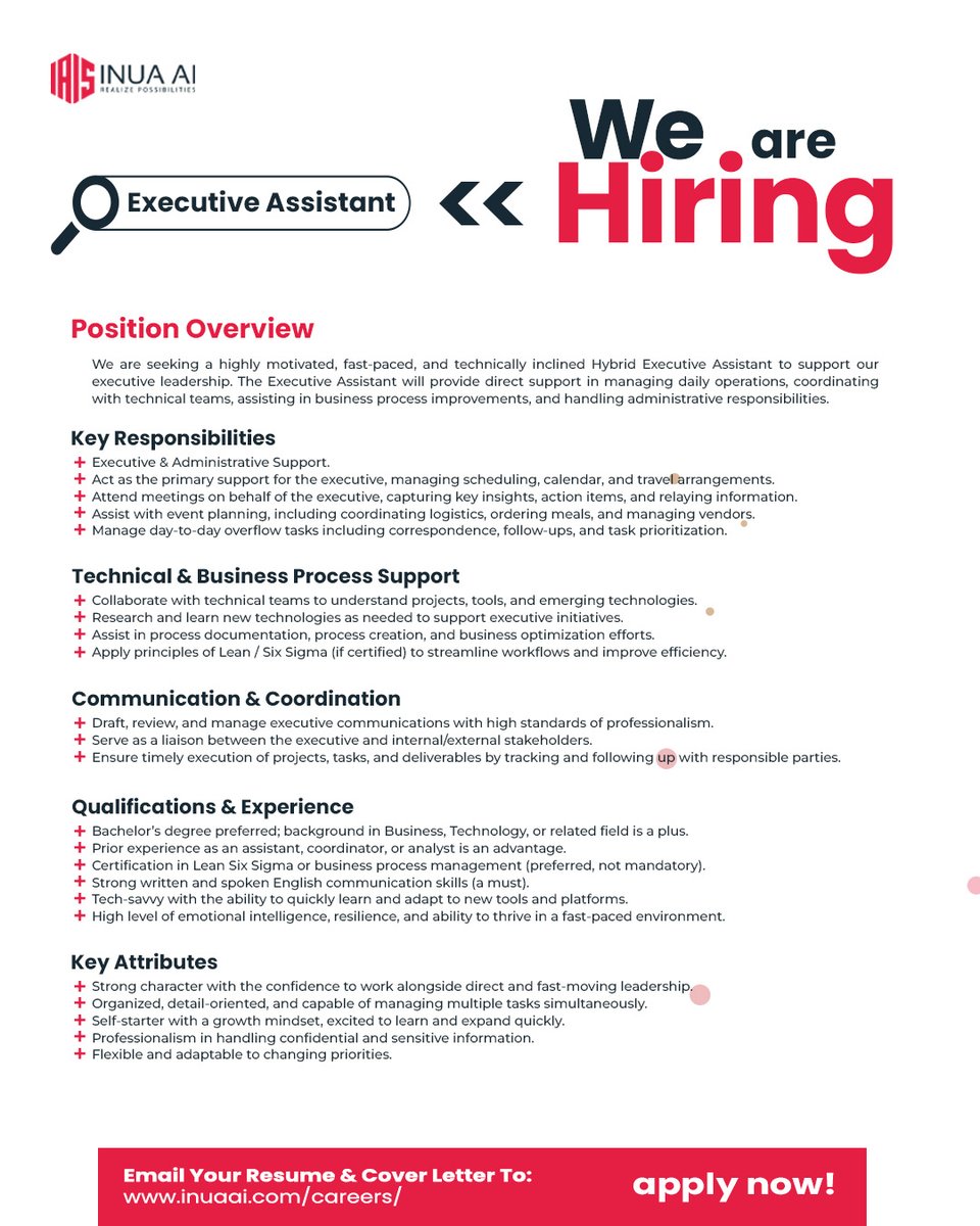 INUA_AI's tweet image. We are hiring: Hybrid Executive Assistant
Support leadership, manage operations, coordinate with tech teams &amp;amp; drive innovation.
Apply now via our website’s Careers page. 
inuaai.com/careers/

#ExecutiveAssistant #Careers #INUAAI #RealizePossibilities
