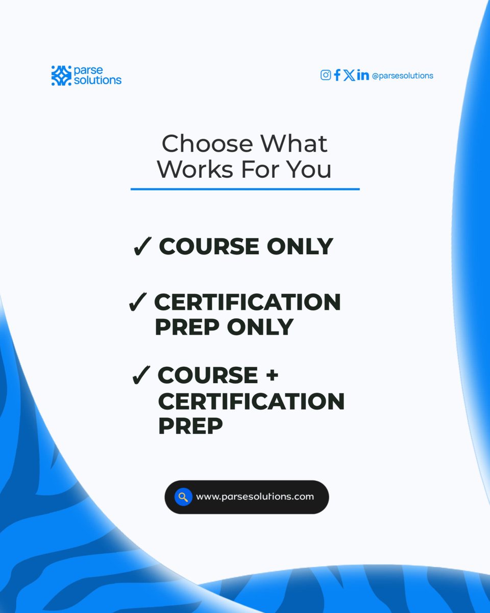 ParseSolutions's tweet image. At Parse Solutions, we offer flexible plans designed to fit your goals, whether it’s Prep Only, Certification Only, or both.
Choose the path that works best for you and take control of your career growth today. 🚀💙
.
.
.
.
.
.
.
.
.
.
#techcareers #certification #parsesolutions