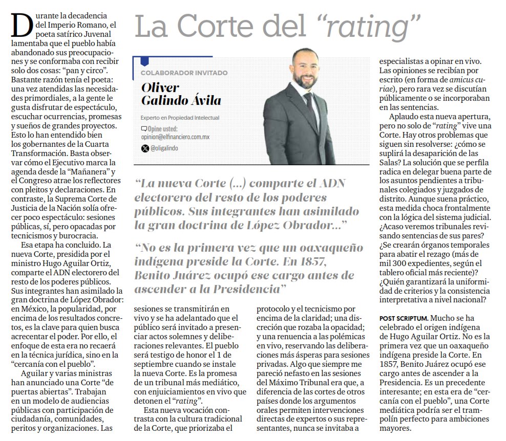 Los nuevos ministros tienen claro que necesitan mantenerse populares, para no ser avasallados por los otros dos poderes y para acumular capital político. El “rating” marcará el paso de la Corte en esta nueva etapa. Les dejo mi opinión <a href="/ElFinanciero_Mx/">El Financiero</a> #SCJN