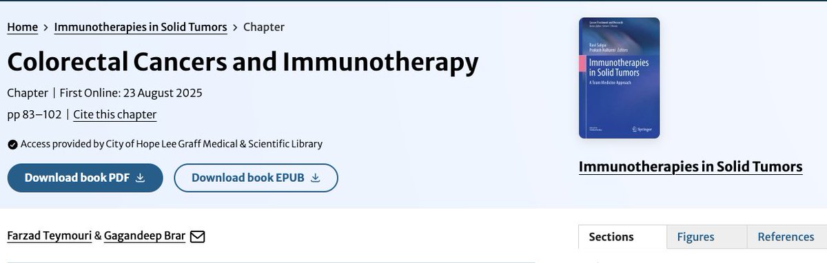 Reviewing the role of immunotherapy in colorectal cancers and other solid tumors. Successful collaboration <a href="/cityofhope/">City of Hope</a> is finally published! <a href="/laleh_melstrom/">Laleh Melstrom</a> <a href="/MustafaRaoofMD/">Mustafa Raoof</a> <a href="/mgfakih/">Dr. Marwan G. Fakih</a> <a href="/DaniCastilloMD/">Dani Castillo</a> <a href="/montypal/">Sumanta K. Pal, MD, FASCO</a> <a href="/mzugman/">Miguel Zugman</a> 
link.springer.com/chapter/10.100…